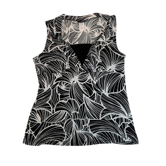 JKLA California Sleeveless Blouse V-Neck Tropical Leaf Print Black White Medium - Picture 1 of 5
